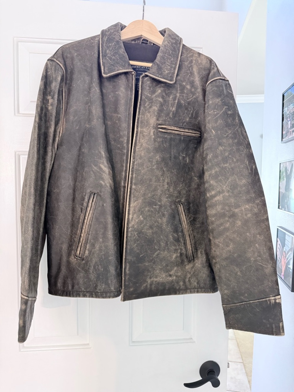 American Eagle Outfitters Men's Distressed Black/Brown Leather Bomber Jacket